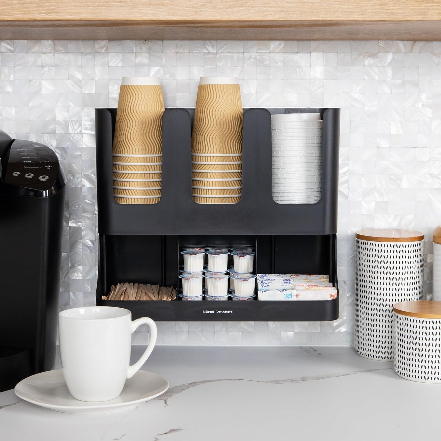 ☕ Organisateur de Café à 6 Compartiments – Support Vertical pour Gobelets et Condiments (Noir)